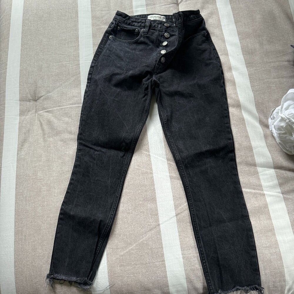 EUC Abercrombie Dark Gray Denim Skinny High Rise Button Fly Jeans Sz 25 / 0